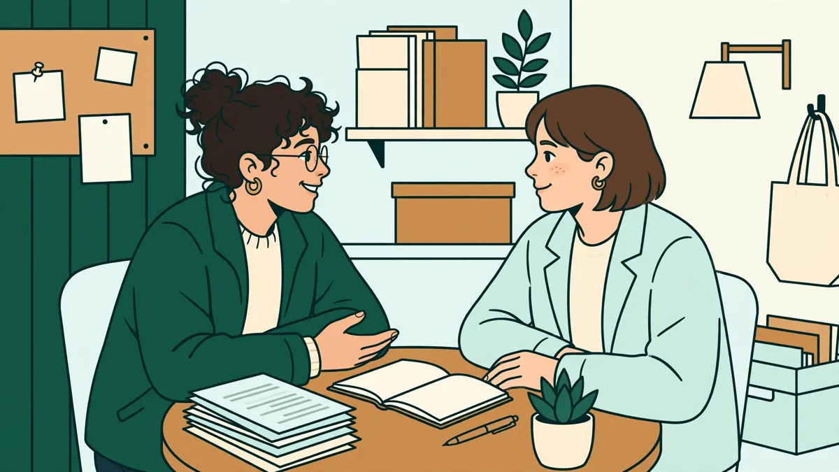 Une étudiante en posture d'accompagnatrice mène un entretien autour d'une petite table, CV et carnet ouverts, face à un jeune.