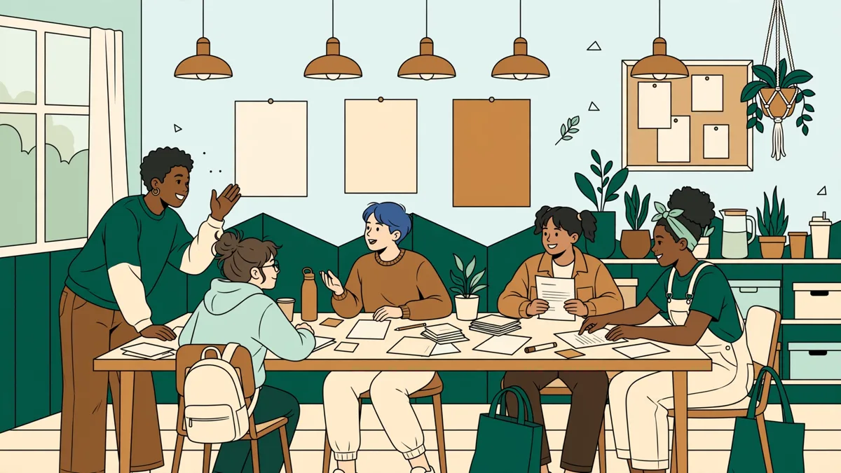 Quatre étudiants animent un atelier collectif autour d'une grande table, affiches et CV affichés, devant un petit groupe.