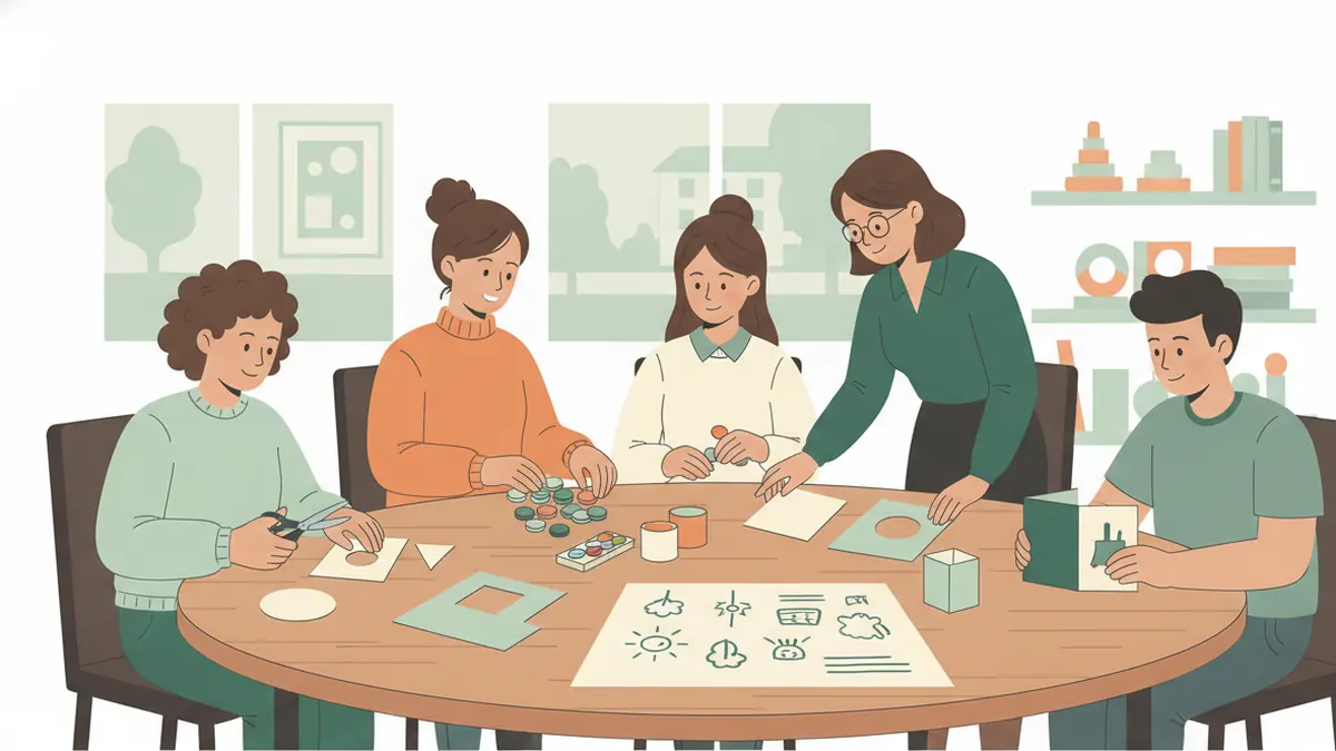Autour d'une grande table, cinq étudiants découpent des formes en carton, trient des jetons et dessinent un plan de séance pendant qu'une formatrice les conseille.