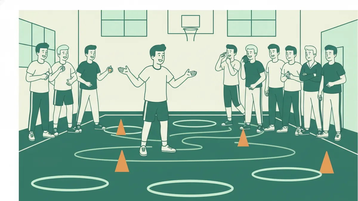 Dans un gymnase, un étudiant explique avec de grands gestes les règles d'un jeu à ses camarades entre des plots orange et des cerceaux.