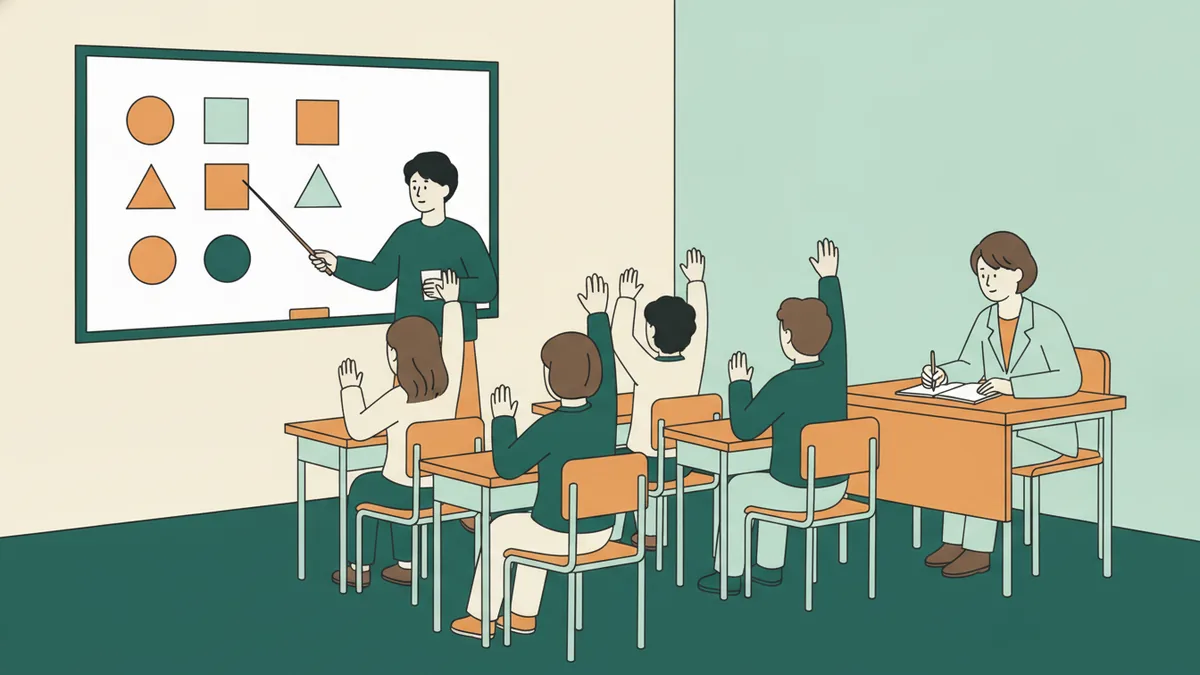 Une étudiante au tableau présente une leçon sur les formes géométriques pendant que ses camarades assis à des tables d'écolier jouent les élèves et lèvent la main.