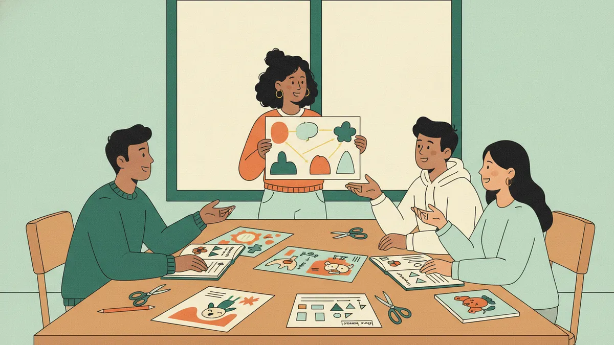 Quatre étudiants préparent une séance autour d'une table couverte d'affiches, d'albums pour enfants, de ciseaux et de croquis.