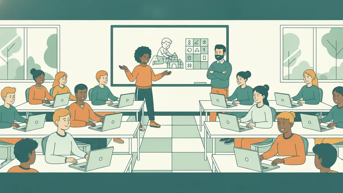 En salle de travaux dirigés, un étudiant présente au tableau une grille d'observation pendant que le groupe prend des notes.