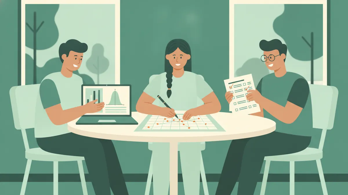Trois étudiants autour d'une table analysent un histogramme et une courbe en cloche sur un ordinateur, avec un questionnaire et un nuage de points.