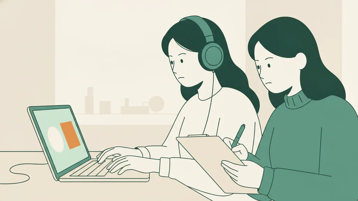 Une étudiante avec un casque tape sur un clavier pendant une expérience de temps de réaction pendant qu'une autre note les observations.
