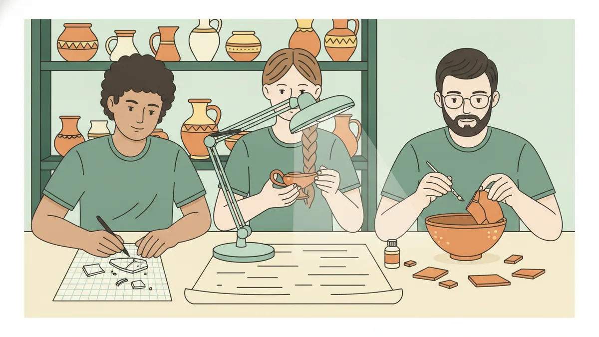 Trois étudiants autour d'une table de travaux pratiques : l'un dessine un tesson, une autre observe une lampe à huile romaine, le troisième recolle des fragments.