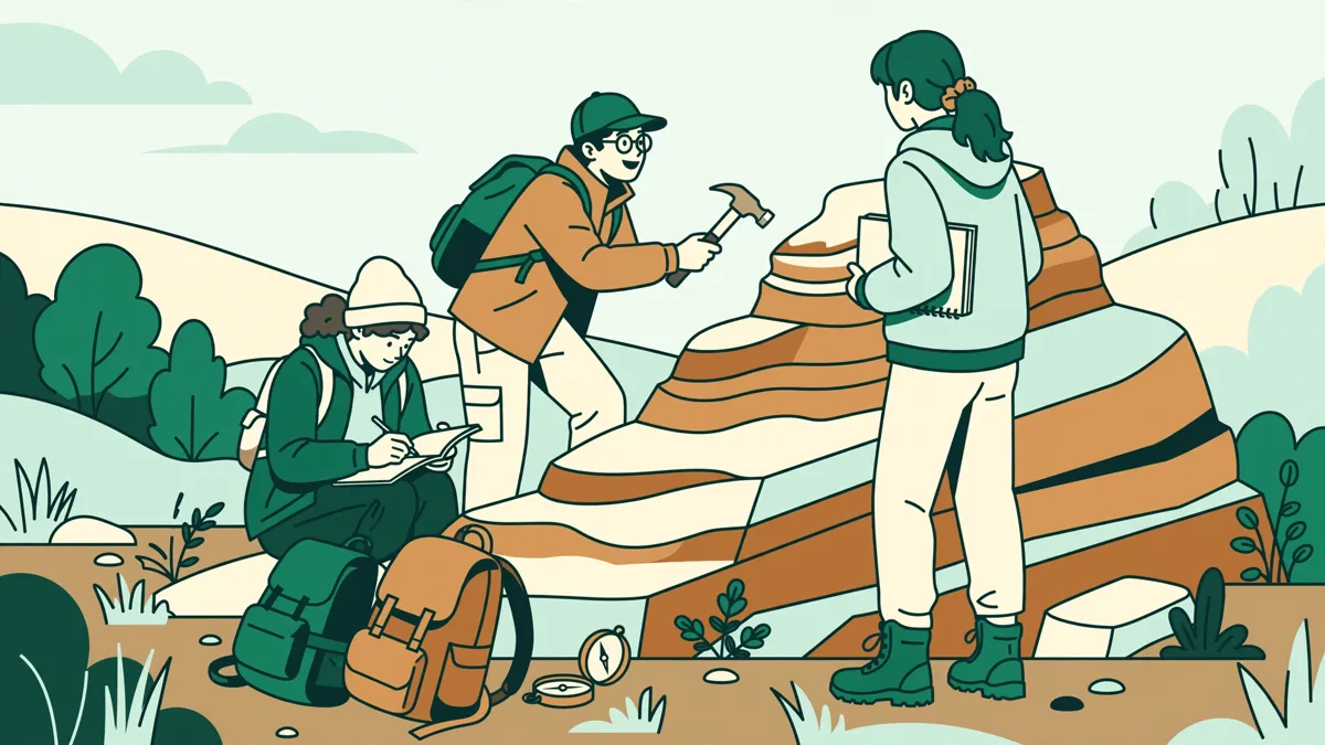 Petit groupe d'étudiants en vestes de terrain autour d'un affleurement rocheux, l'un tient un carnet pendant qu'une autre pointe une couche au marteau de géologue.