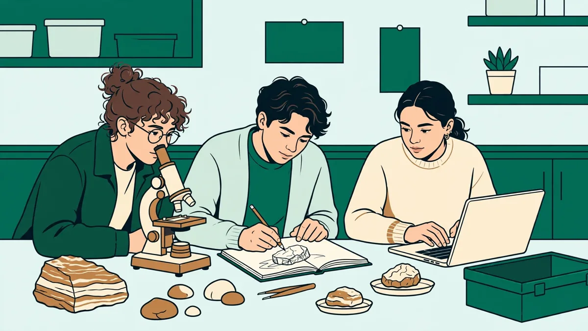 Étudiants en salle de TP lumineuse penchés sur des échantillons de roches et un microscope, l'une dessine une lame mince pendant qu'un autre reporte des mesures.
