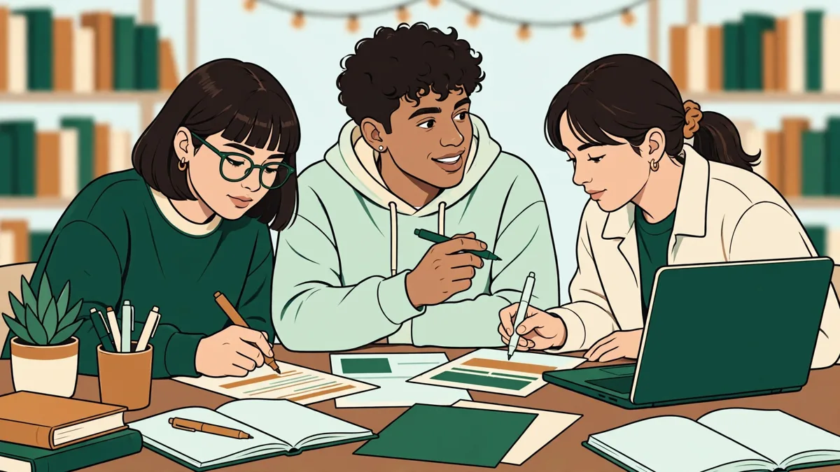 Trois étudiants comparent des phrases d'apprenants de français et surlignent les erreurs sur des fiches posées sur une table