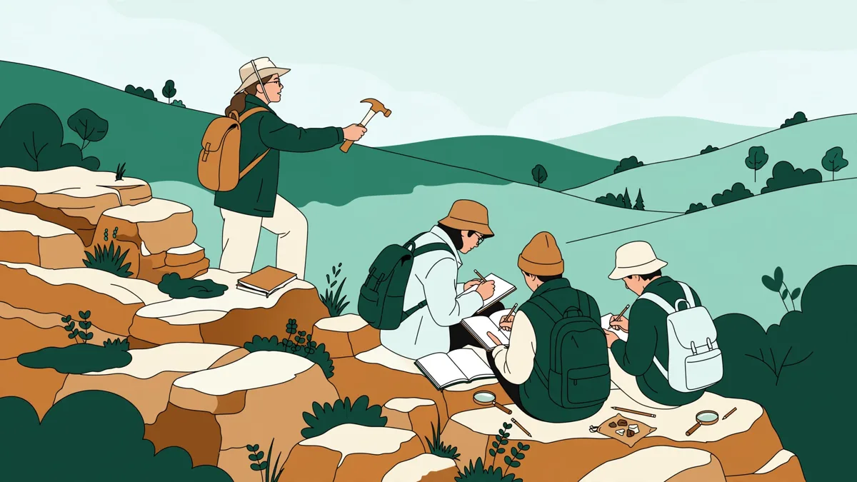 Cinq étudiants en cirés sur un affleurement rocheux, l'une pointe la roche pendant que les autres observent et dessinent.