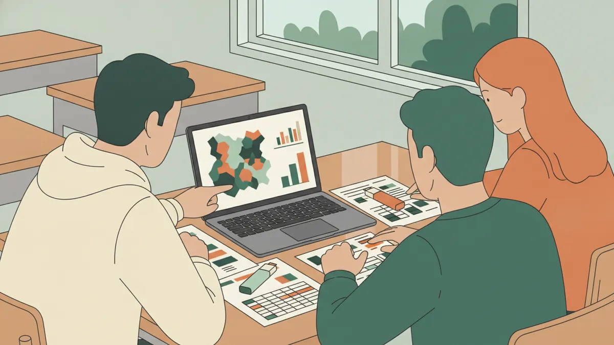 Trois étudiants analysent ensemble une carte colorée et un graphique en barres sur un ordinateur portable, avec tableaux et surligneurs.