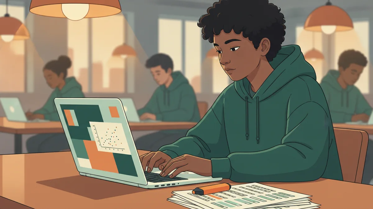 Un étudiant analyse des résultats d'enquête sur son ordinateur en bibliothèque, graphiques et questionnaires posés à côté.