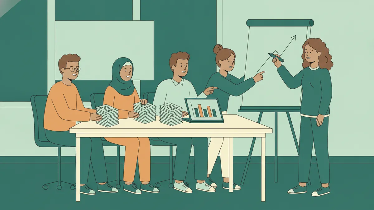 Cinq étudiants en séminaire trient des questionnaires et présentent des résultats au tableau