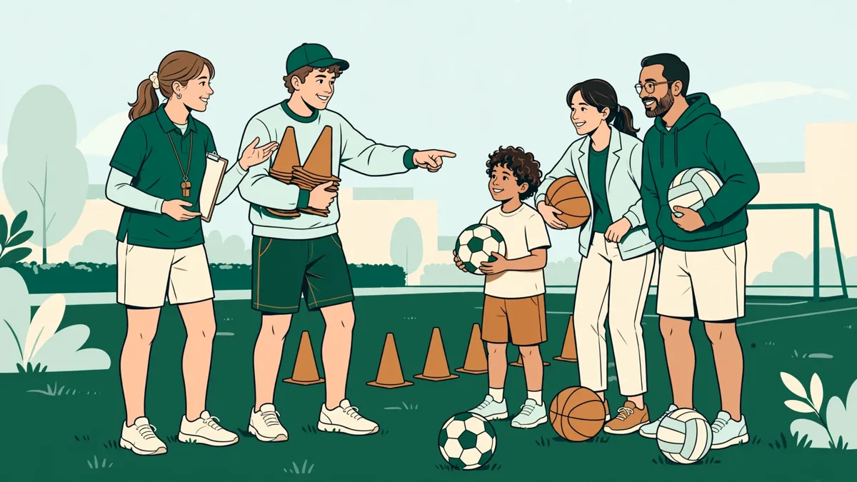 Deux étudiants en tenue de sport animent une séance collective en extérieur, avec plots et ballons, devant un groupe d'enfants et d'adultes attentifs.