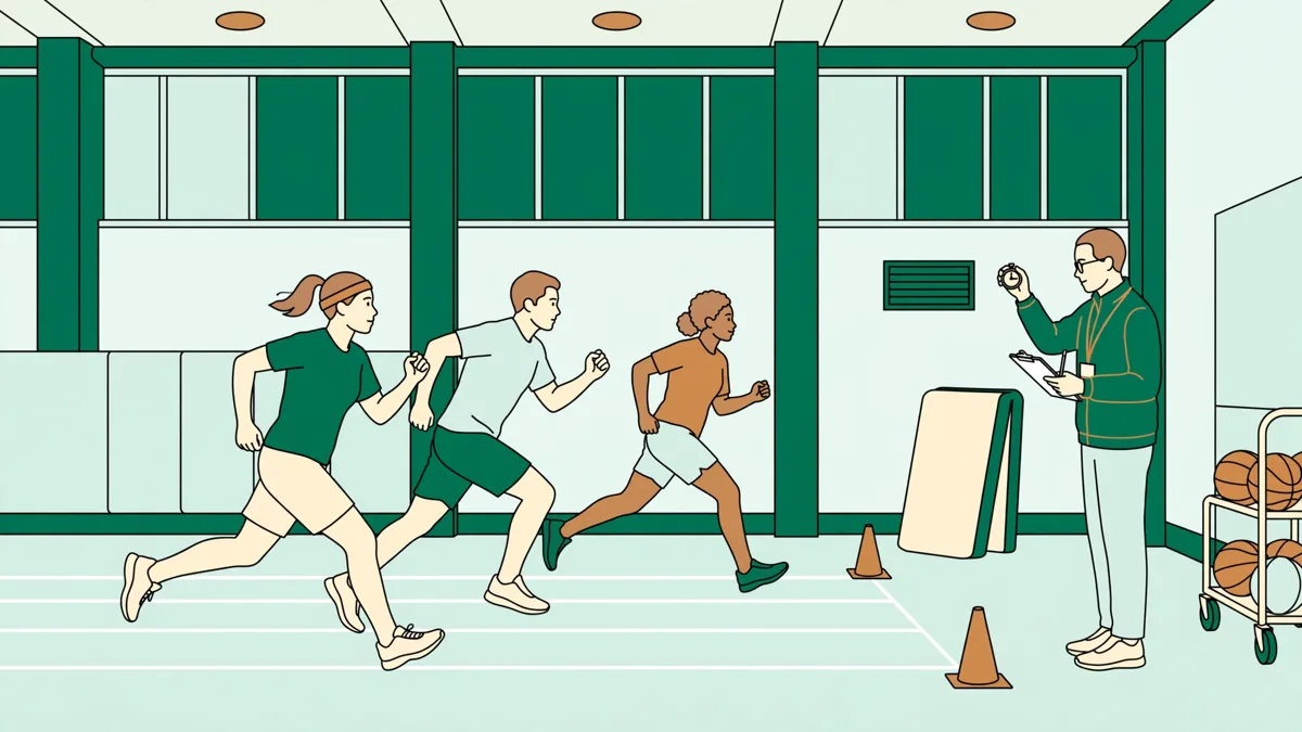 Des étudiants courent un test navette en gymnase entre des plots, sous l'œil d'un enseignant qui chronomètre.