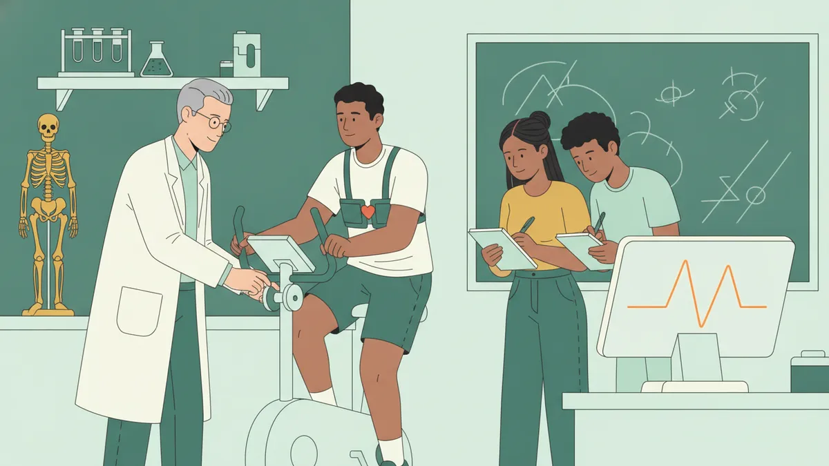 En salle de physiologie, un étudiant pédale sur un vélo d'effort pendant que des camarades suivent sa fréquence cardiaque sur un écran.