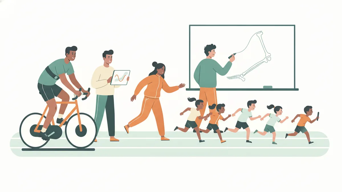 Sur une piste, des étudiants STAPS s'entraînent, encadrent des enfants et révisent l'anatomie au tableau.