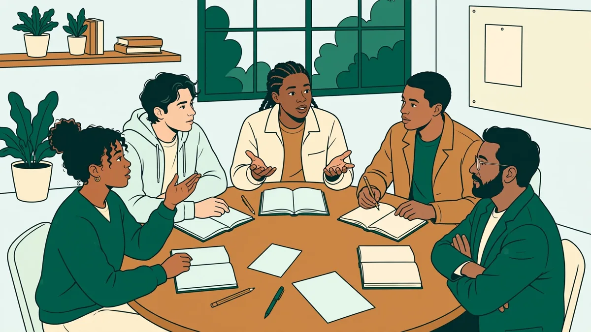 Petit groupe d'étudiants assis en cercle autour d'une table, livres ouverts et carnets, en train de débattre avec une enseignante
