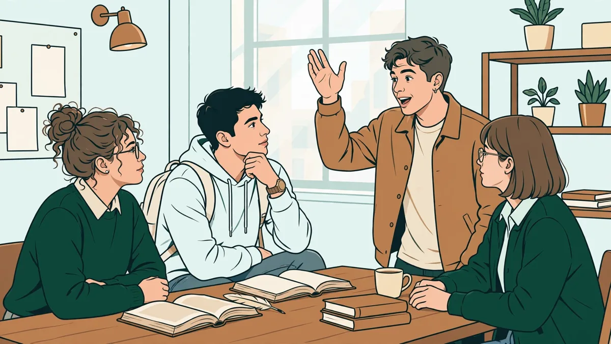 Petit groupe d'étudiants autour d'une table couverte de livres ouverts, l'un prend la parole pendant que les autres l'écoutent