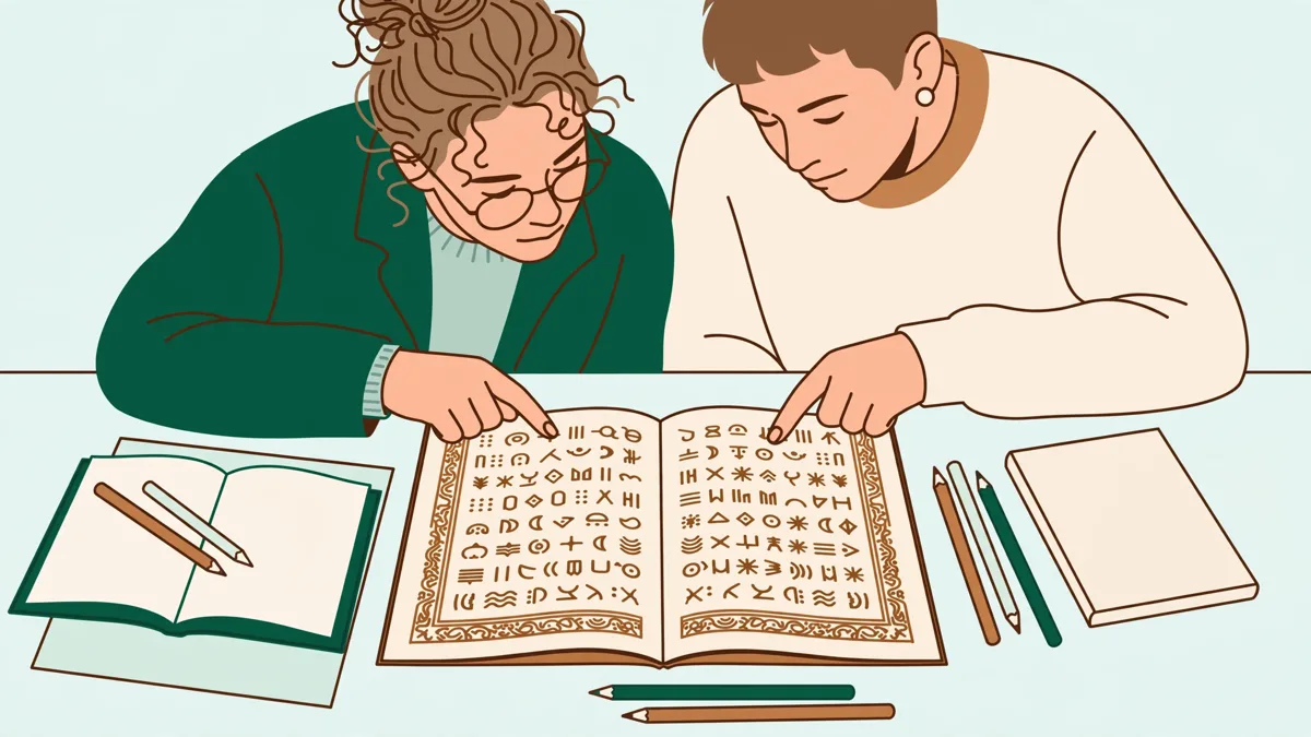Deux étudiants penchés sur un texte ancien, qui suivent les lignes du doigt avec cahiers et crayons à côté