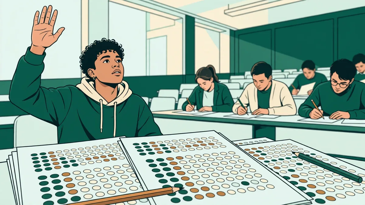 Étudiants en amphithéâtre en train de remplir une grille de QCM de santé, feutres et brouillons posés devant eux