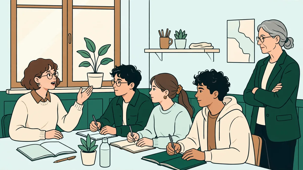 Petit groupe d'étudiants en travaux dirigés d'allemand, une étudiante parle debout pendant que les autres prennent des notes
