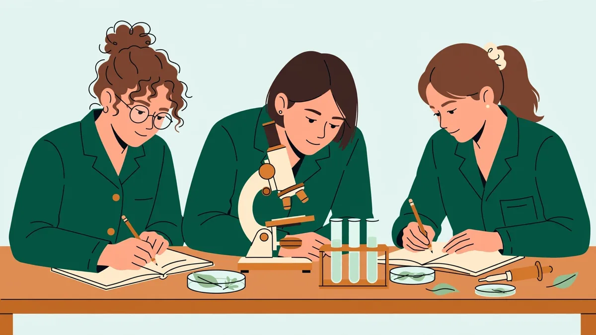 Trois étudiants en blouse autour d'une paillasse qui observent une lame au microscope et prennent des notes.