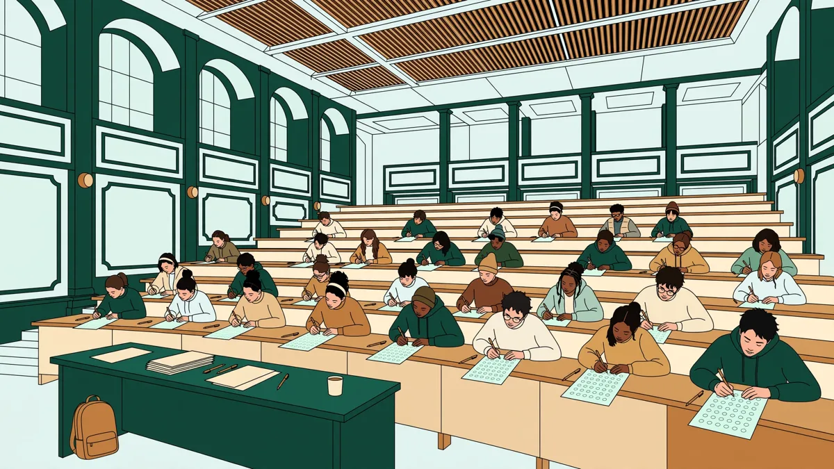 Des étudiants de PASS en amphithéâtre qui remplissent une grille de QCM, stylos en main, sous l'œil du surveillant.