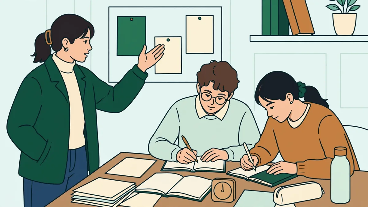 Un étudiant debout explique son raisonnement avec des gestes assurés face à deux examinateurs qui prennent des notes autour d'une petite table.