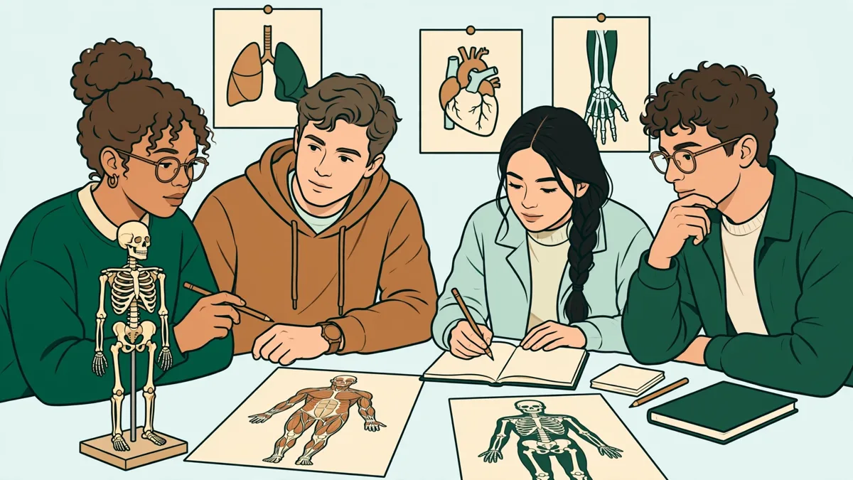 Petit groupe d'étudiants en PASS qui révisent l'anatomie autour d'une table avec planches et modèle de squelette.