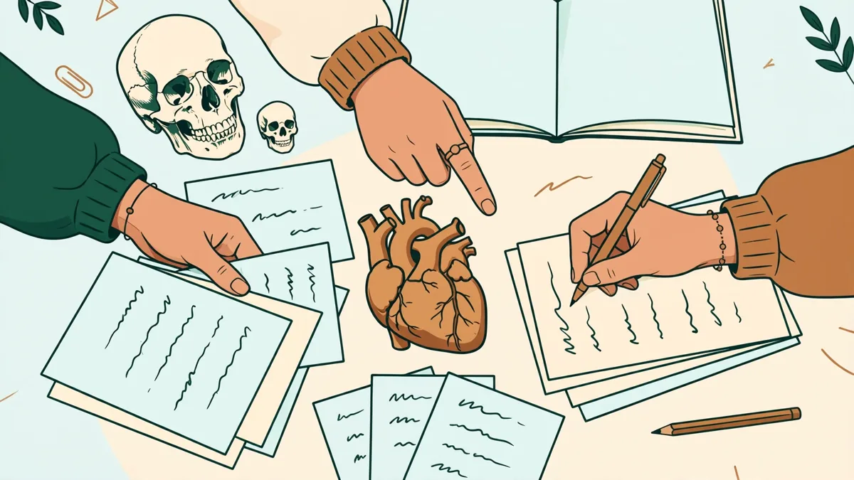 Trois étudiants en PASS qui révisent ensemble autour d'une table avec un modèle anatomique et des fiches.