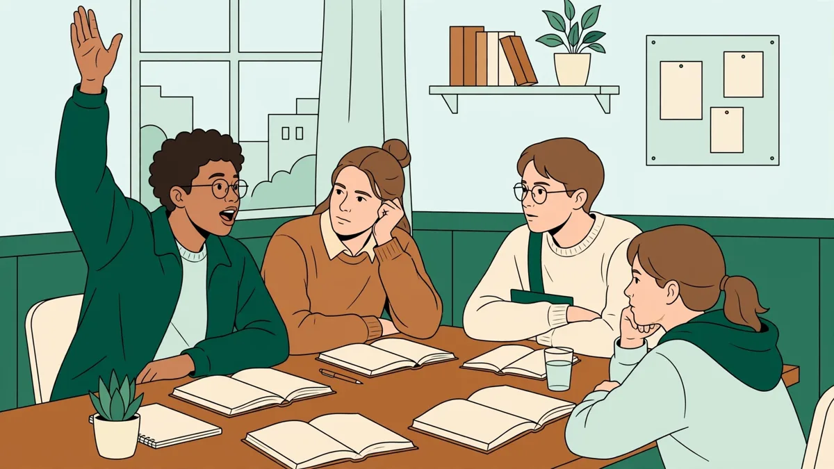 Petit groupe d'étudiants qui débattent autour d'une table, livres ouverts, une étudiante prend la parole pendant que les autres écoutent