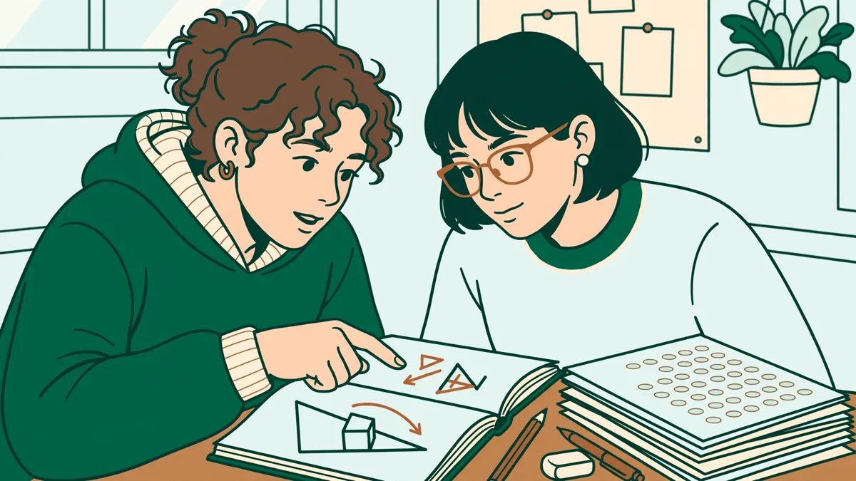 Illustration dessinée : deux étudiants de première année révisent ensemble autour d'une petite table, avec des fiches de QCM et un carnet ouvert sur une formule de physique.
