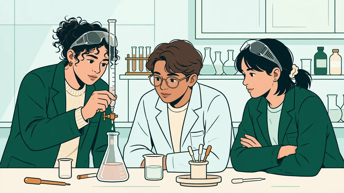 Illustration dessinée : trois étudiants en blouse réalisent un titrage en TP de chimie, l'un verse la solution, un autre observe le changement de couleur.