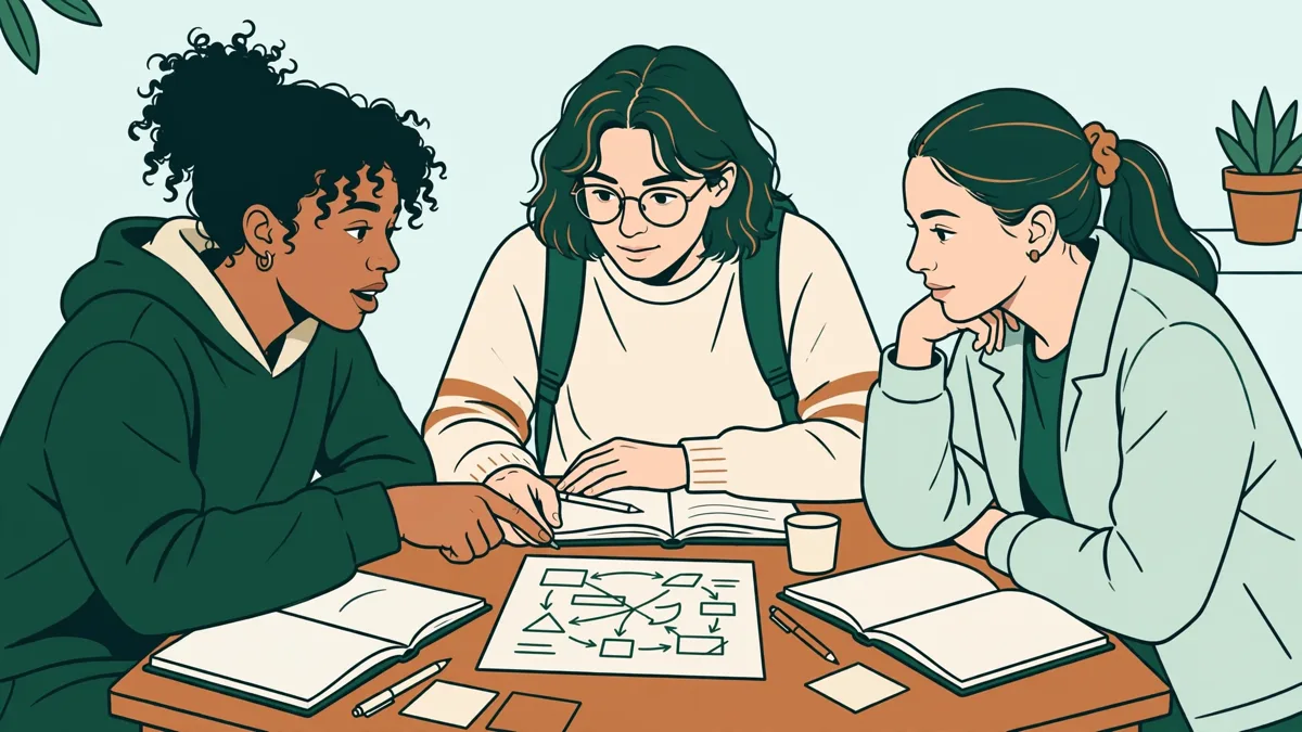 Trois étudiants autour d'une table, l'une explique un schéma aux deux autres pendant leurs révisions