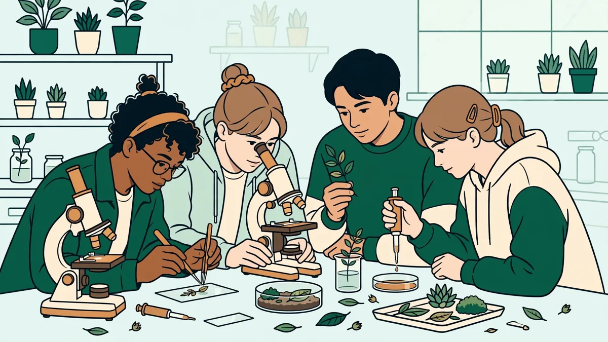 Étudiants en travaux pratiques de biologie autour de microscopes et d'échantillons végétaux.