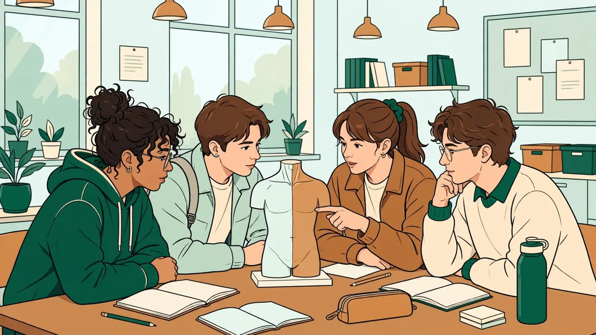 Petit groupe d'étudiants de PASS autour d'une table qui observent ensemble un modèle anatomique, cahiers ouverts.