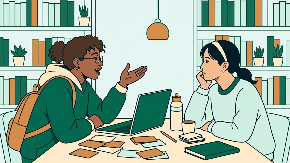 Deux étudiantes en santé qui révisent ensemble à une table de bibliothèque avec fiches et ordinateur.