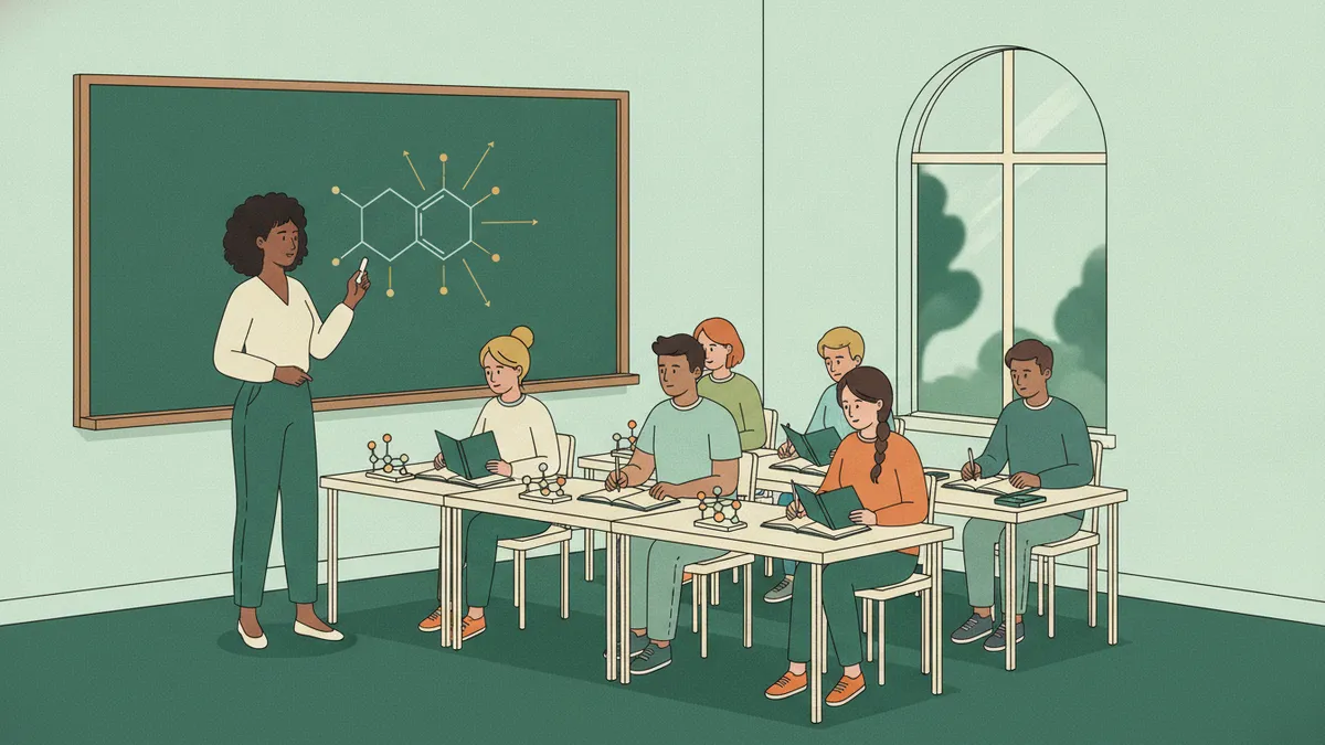 Dans une petite salle de TD, une enseignante dessine une molécule au tableau pendant que six étudiants travaillent à leurs tables avec des modèles moléculaires et des calculatrices.