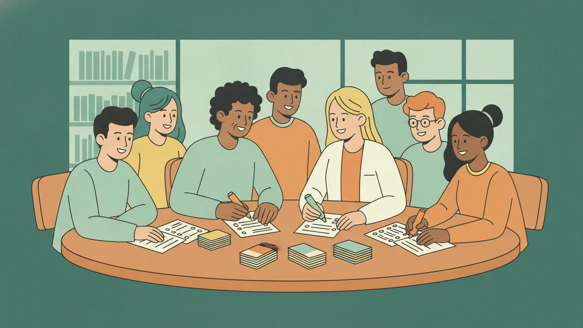 Autour d'une grande table ronde, deux étudiants plus âgés corrigent des grilles de QCM avec un groupe d'étudiants de première année ; surligneurs et fiches de révision sur la table.