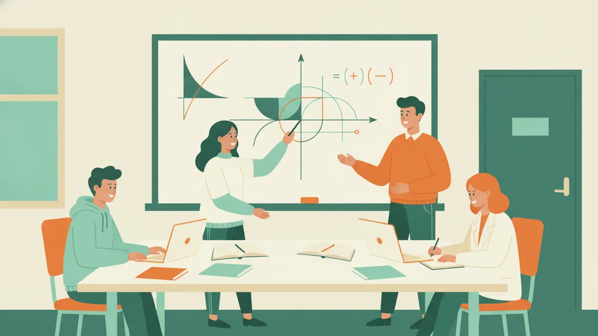 En salle de TD à Polytech Dijon, un petit groupe travaille des exercices de maths pendant que l'enseignant explique des courbes au tableau.