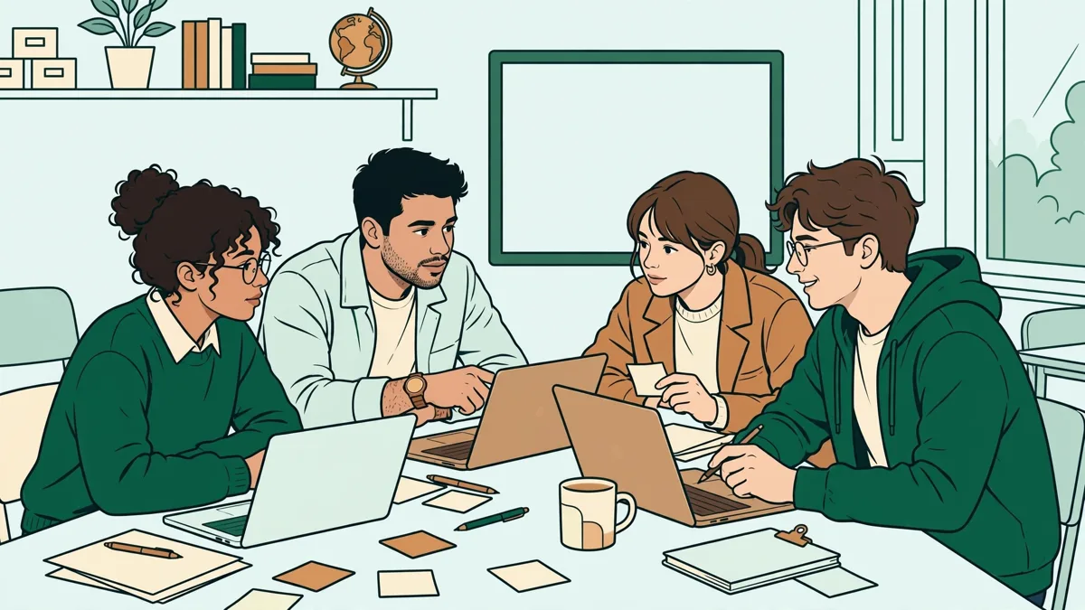 Quatre étudiants en école de commerce autour d'une table qui préparent ensemble une présentation en anglais sur ordinateurs.