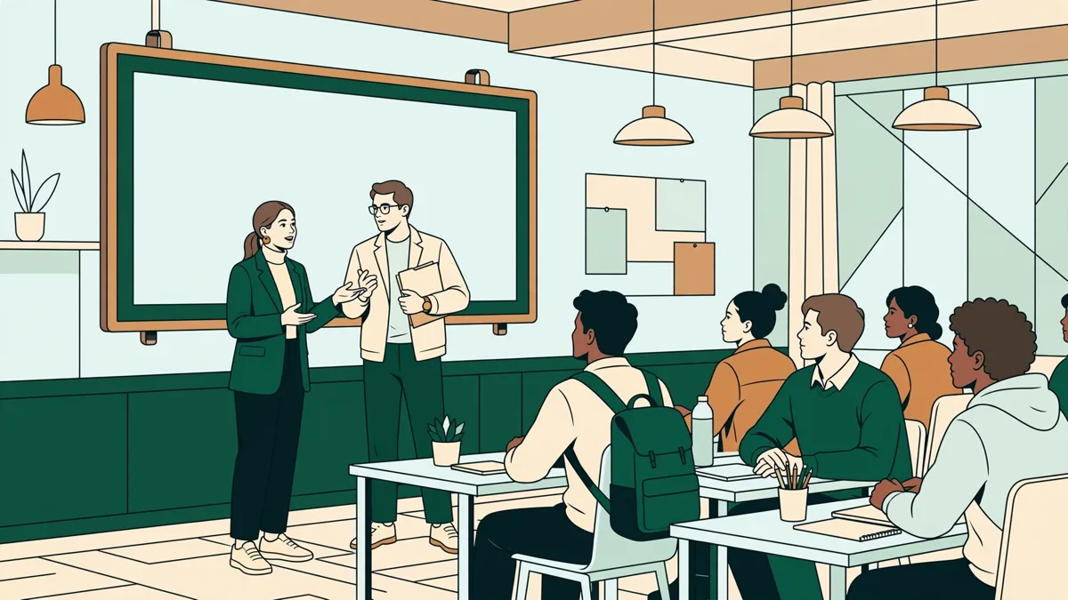 Deux étudiantes qui présentent en anglais un projet avec graphiques devant leur classe d'école de commerce.