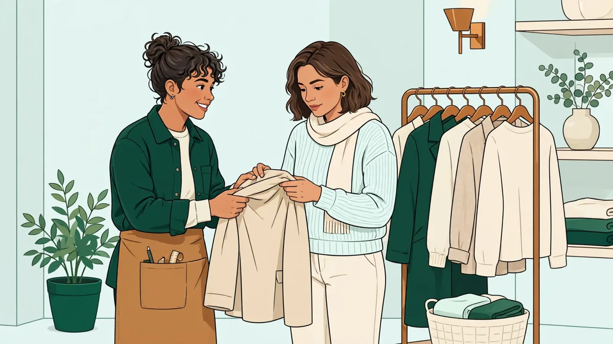 Une apprentie en tenue de boutique conseille une cliente devant un portant, carnet de vente à la main.