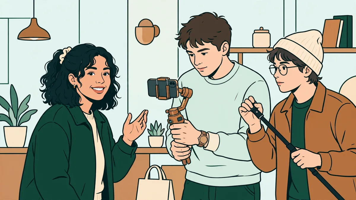 Trois étudiants en communication en action dans une salle lumineuse : l'un présente face caméra, un autre filme au smartphone sur stabilisateur, le troisième tient un micro.