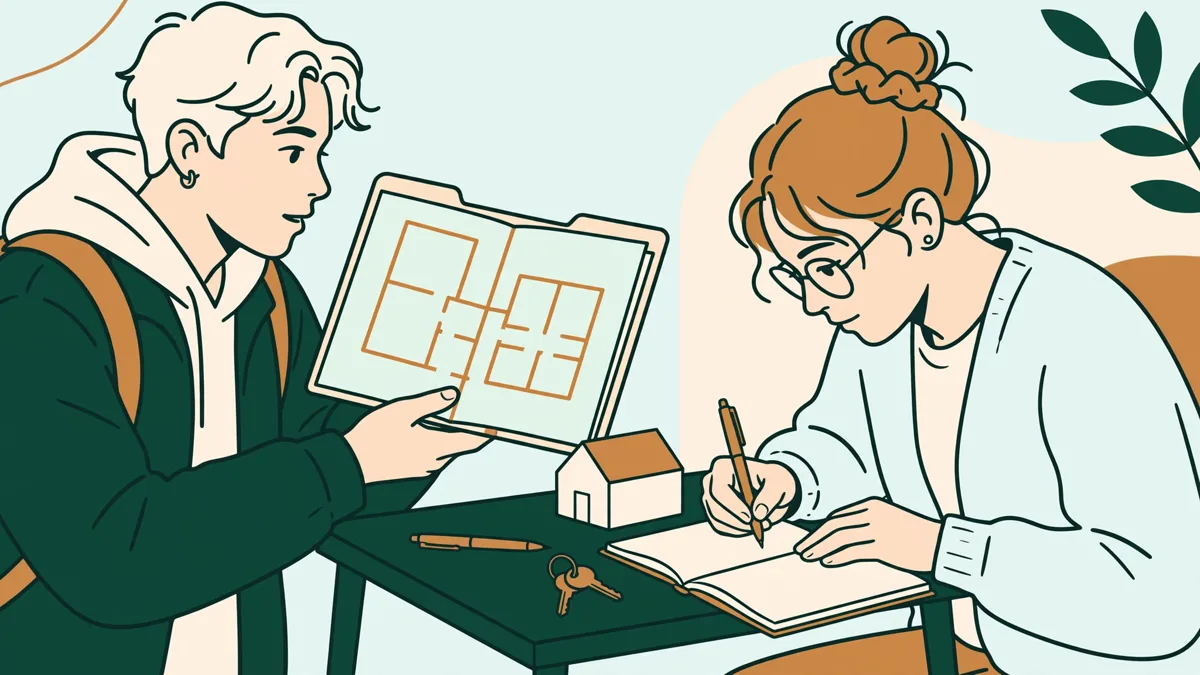 Deux étudiants en jeu de rôle de négociation autour d'une table d'agence, l'un défend un dossier de vente pendant que l'autre prend des notes