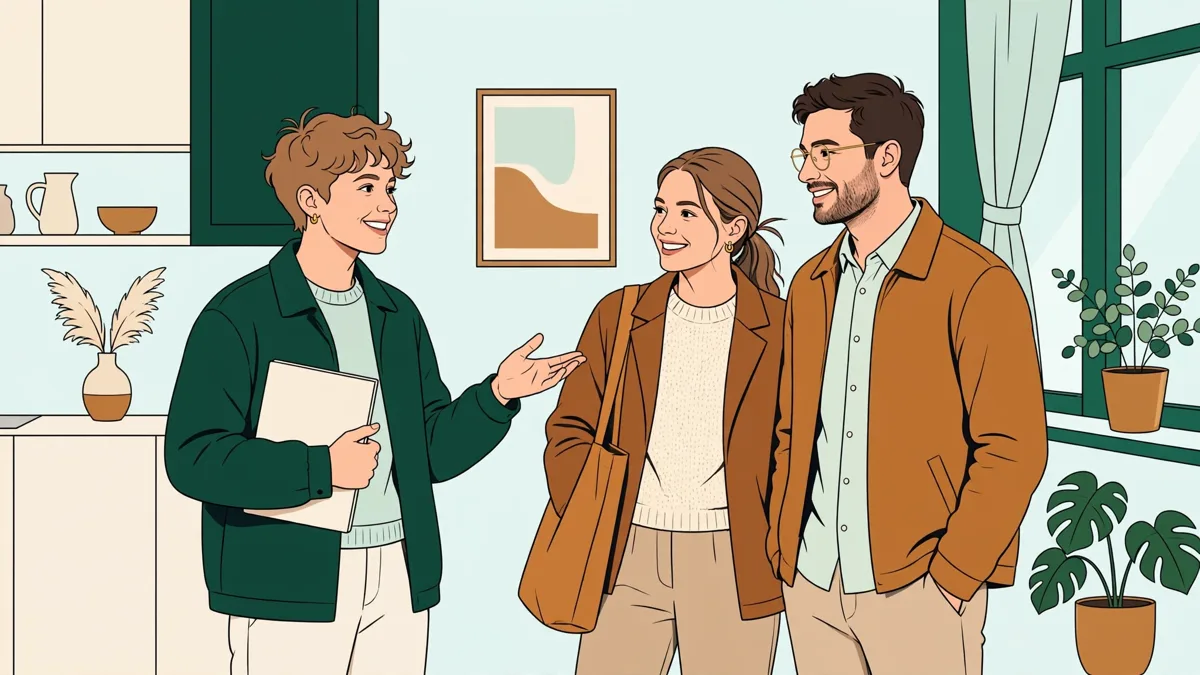 Une apprentie en visite d'appartement avec un couple de clients, elle présente une pièce lumineuse carnet en main