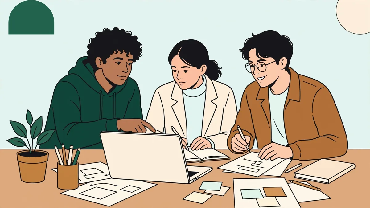 Trois étudiants autour d'une table qui préparent une action de prospection avec un ordinateur et des fiches.