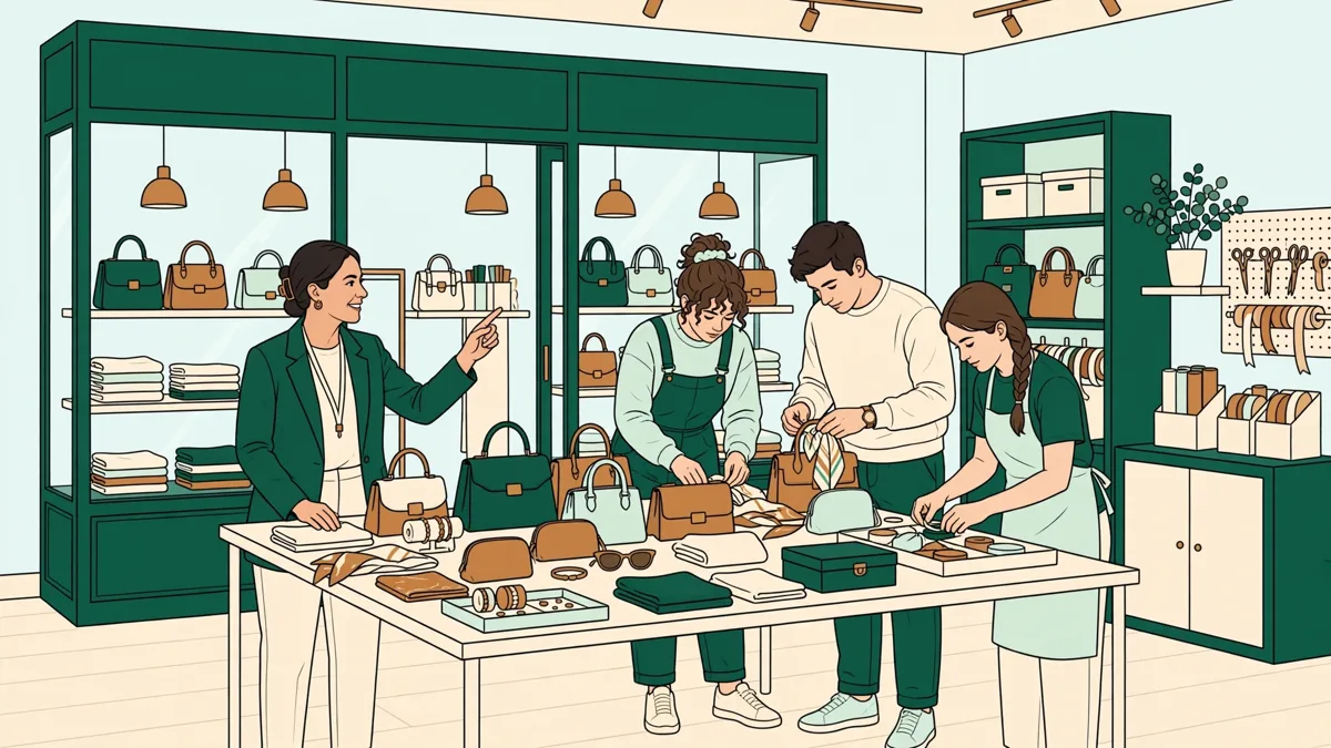 Trois apprentis règlent une vitrine avec sacs et accessoires pendant qu'une formatrice les guide