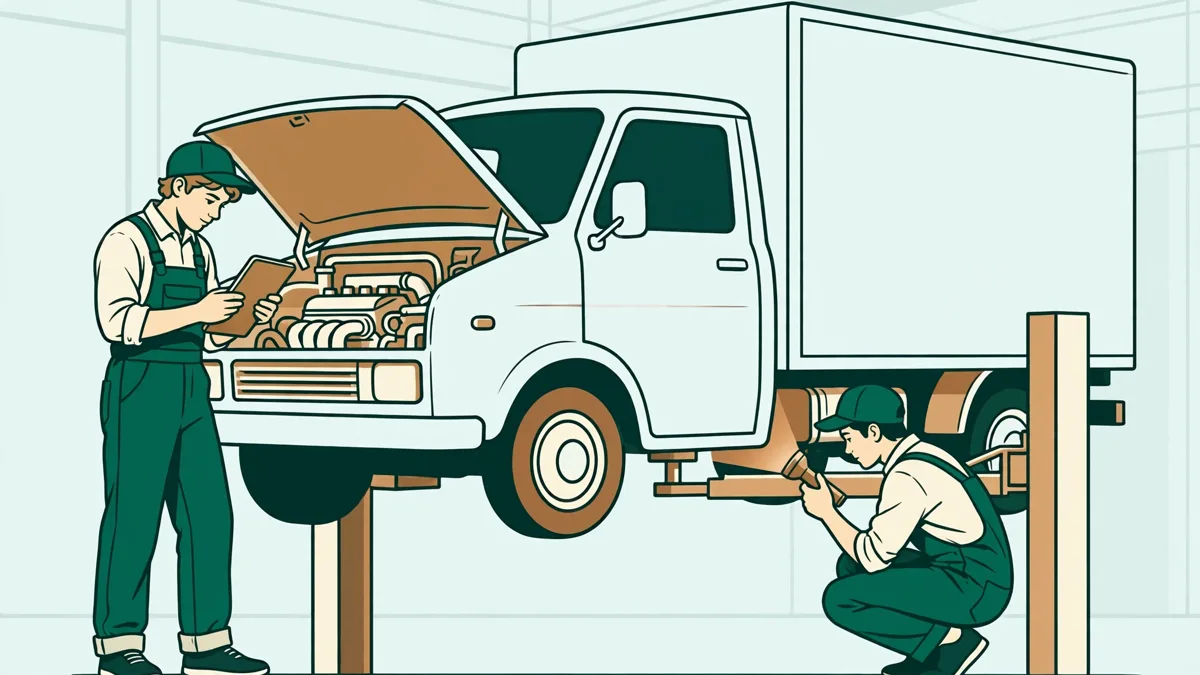 Deux apprentis en combinaison autour d'un camion sur un pont, l'un avec la valise de diagnostic, l'autre qui contrôle sous le châssis.